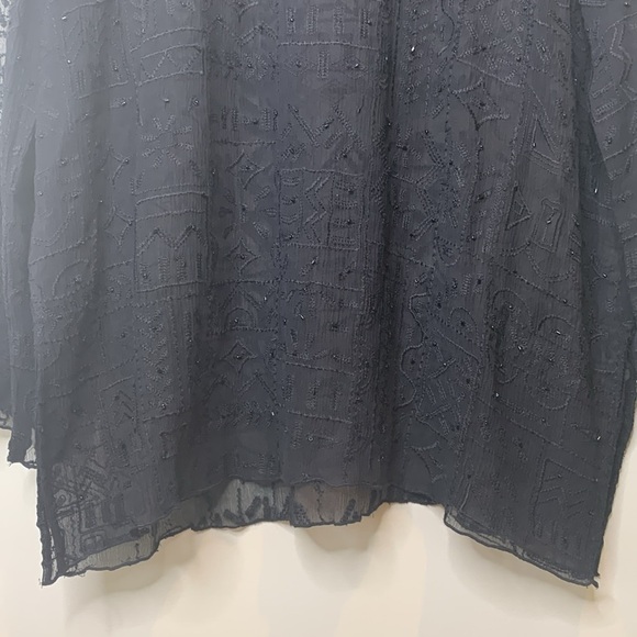 Chico’s | Black Silk Beaded Sheer Bell Sleeve Textured Embroidered Tunic Top 2 M - Picture 8 of 17